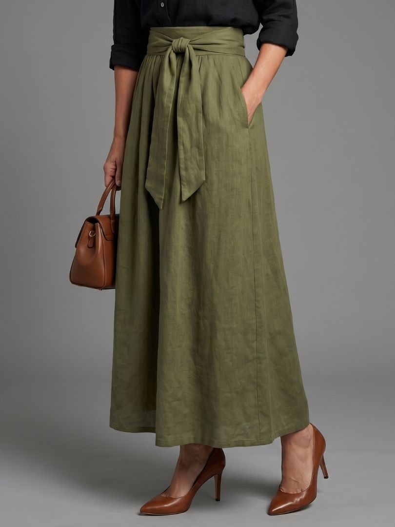 Thalsette | Two Piece Set Black Blouse Olive Green Midi Skirt