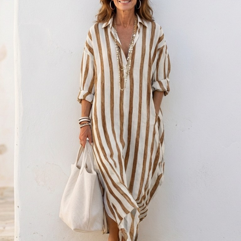 Lilalia | Long Sleeve Striped Midi Shirt Dress