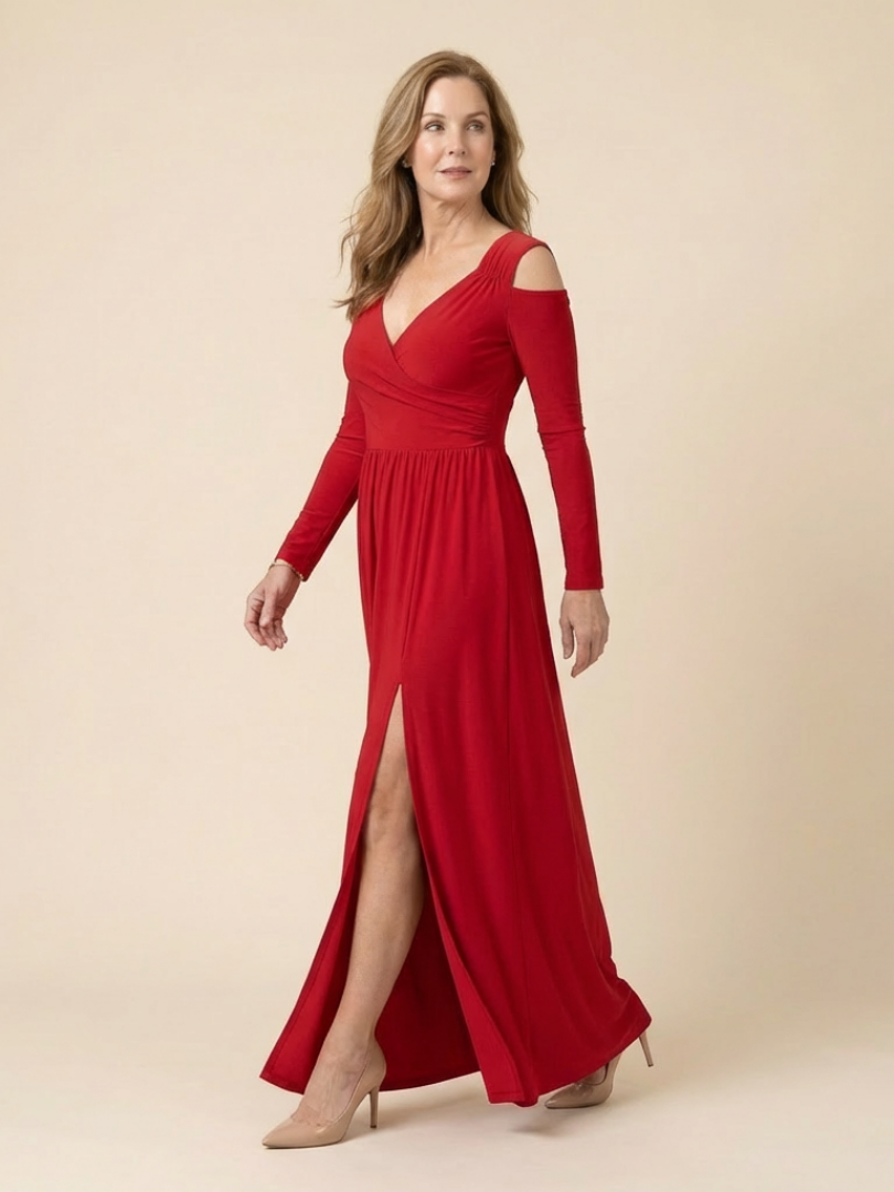 Clania | Long Sleeve V Neck Maxi Dress With Slit