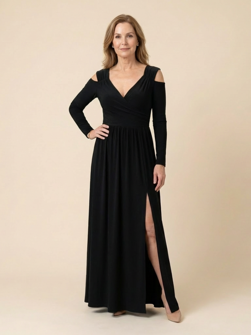 Clania | Long Sleeve V Neck Maxi Dress With Slit