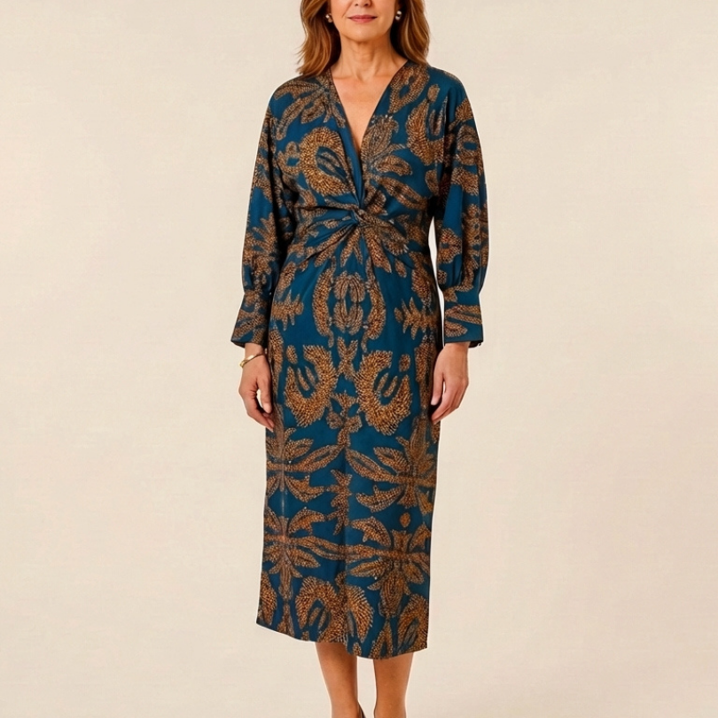 Romyetta | Long Sleeve V Neck Twist Front Midi Dress