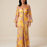 Belina | Off Shoulder Pleated Long Sleeve Maxi Dress