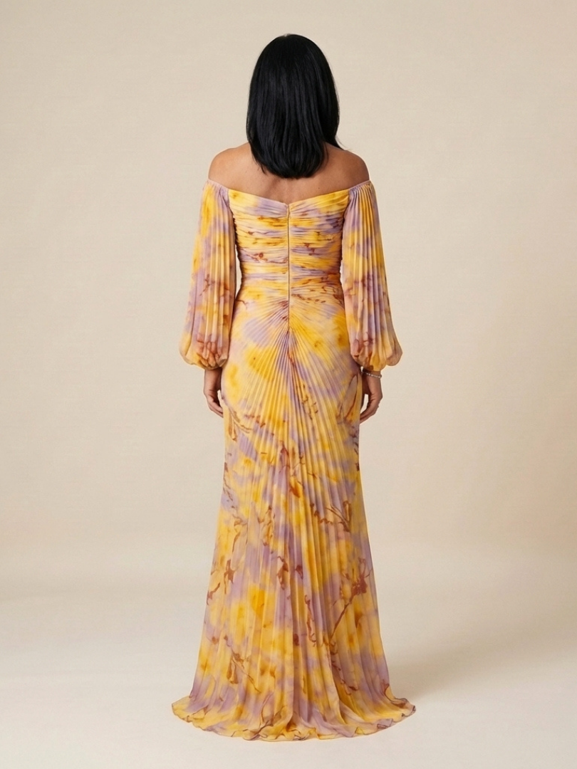 Belina | Off Shoulder Pleated Long Sleeve Maxi Dress
