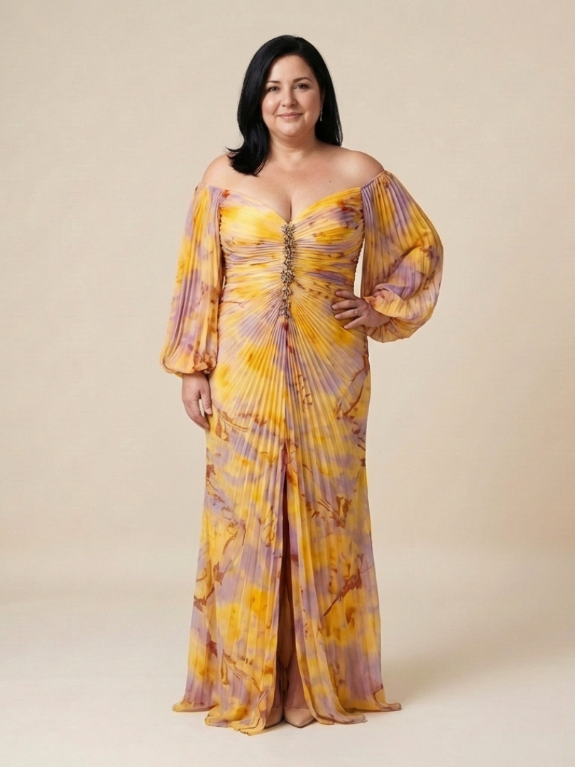 Belina | Off Shoulder Pleated Long Sleeve Maxi Dress