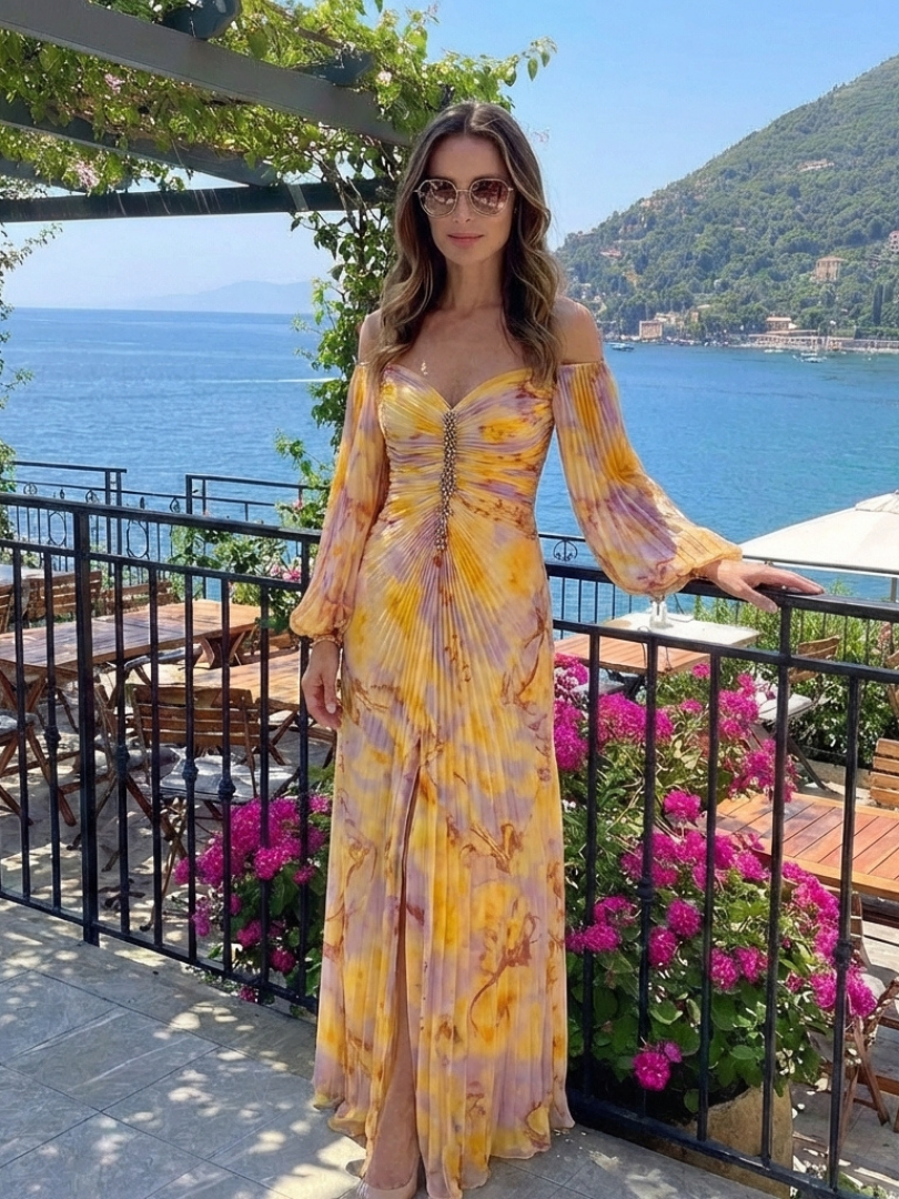 Belina | Off Shoulder Pleated Long Sleeve Maxi Dress