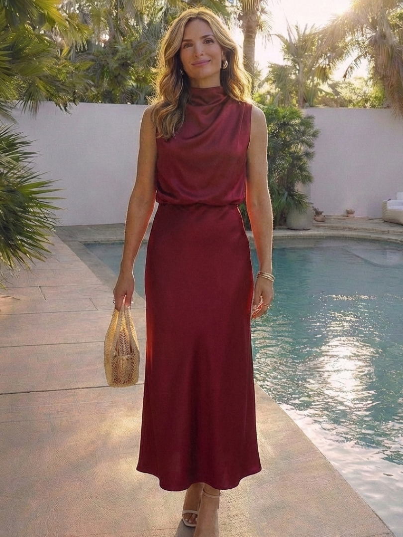Marthea | Sleeveless Draped High Neck Midi Dress