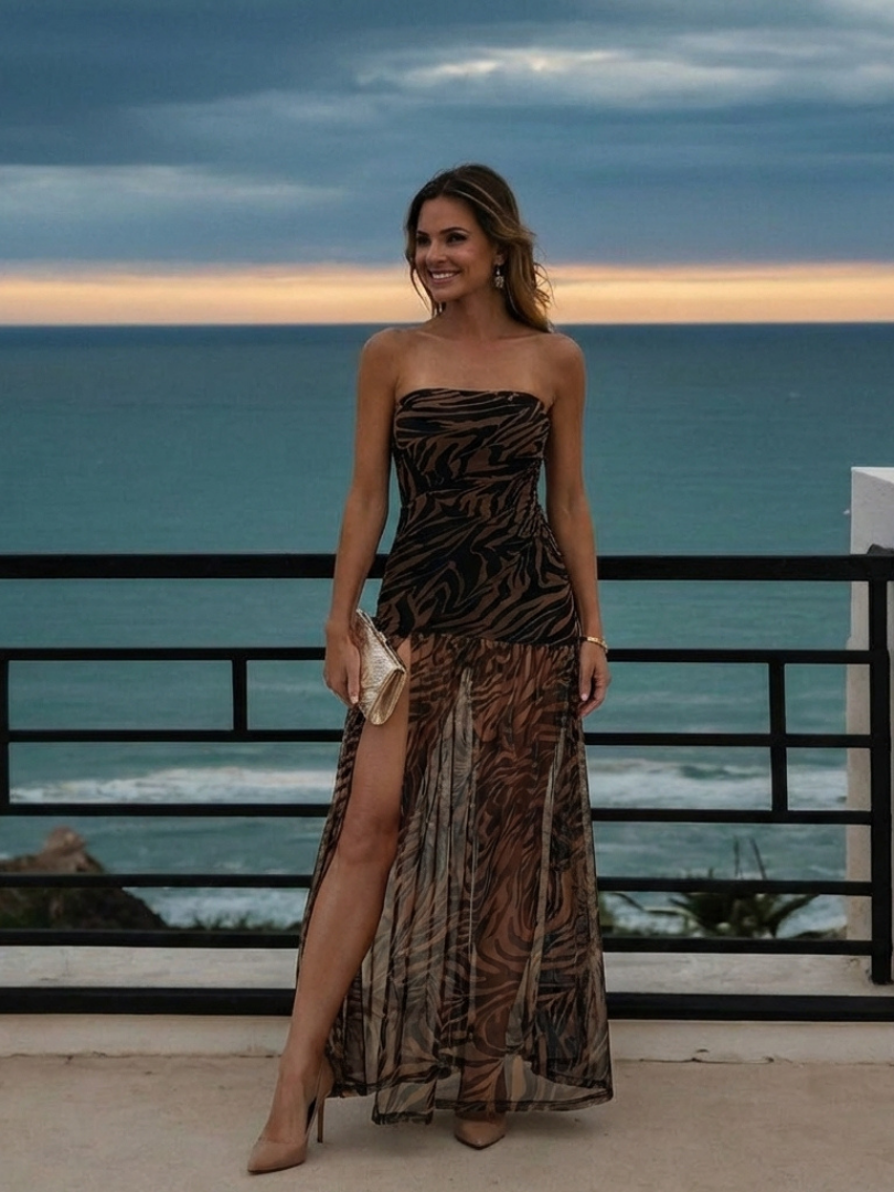 Selsette | Strapless Ruched Sheer Overlay Maxi Dress