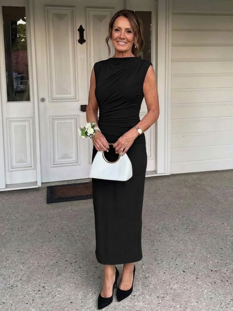 Romida | Sleeveless Draped High Neck Midi Dress