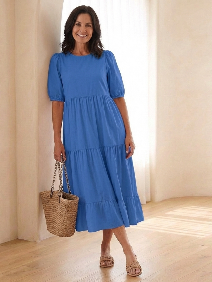Gretalyn | Round Neck Puff Sleeve Tiered Midi Dress