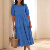 Gretalyn | Round Neck Puff Sleeve Tiered Midi Dress