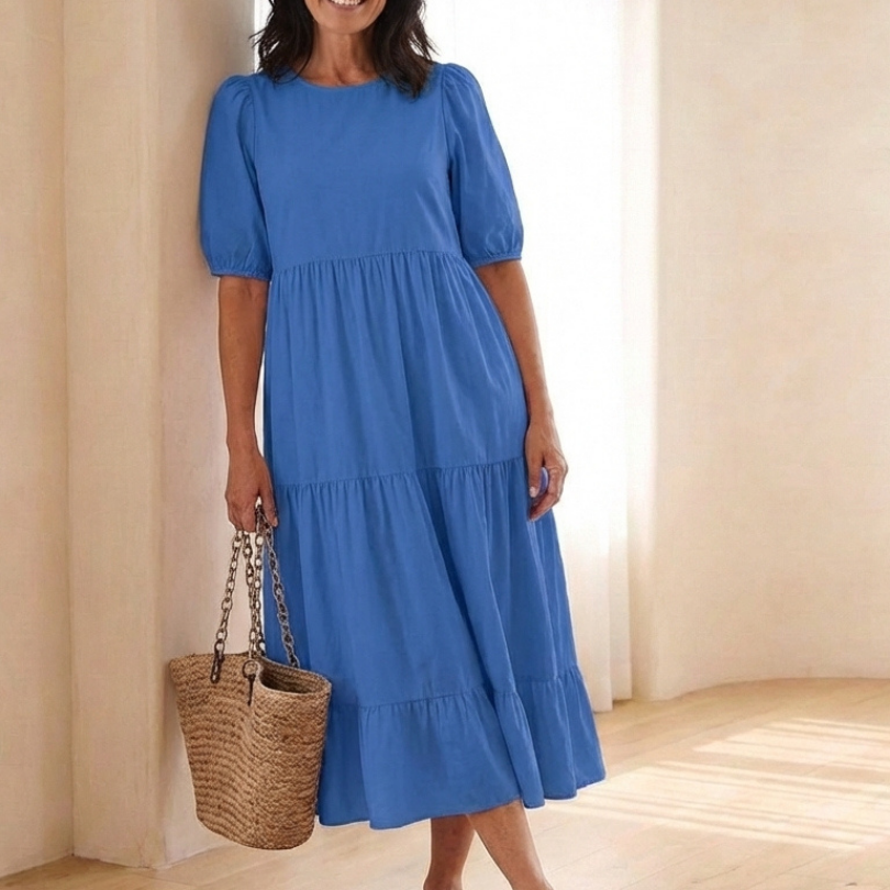 Gretalyn | Round Neck Puff Sleeve Tiered Midi Dress