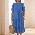 Gretalyn | Round Neck Puff Sleeve Tiered Midi Dress