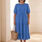 Gretalyn | Round Neck Puff Sleeve Tiered Midi Dress