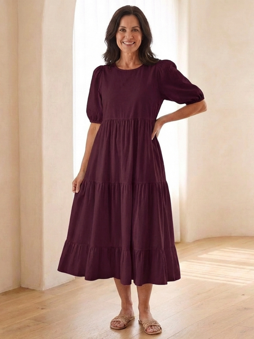 Gretalyn | Round Neck Puff Sleeve Tiered Midi Dress