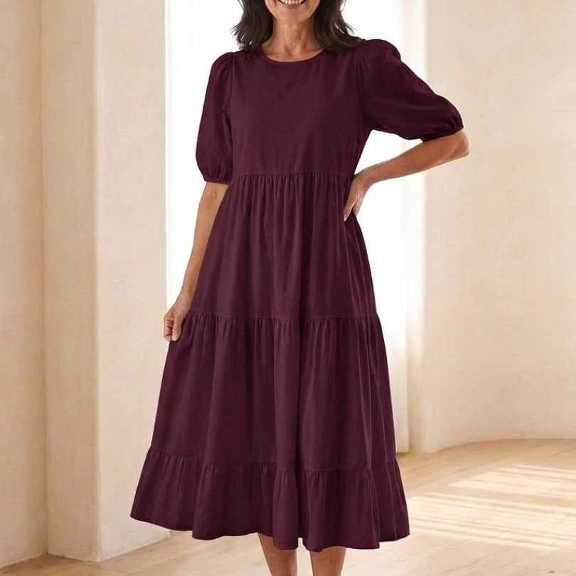 Gretalyn | Round Neck Puff Sleeve Tiered Midi Dress