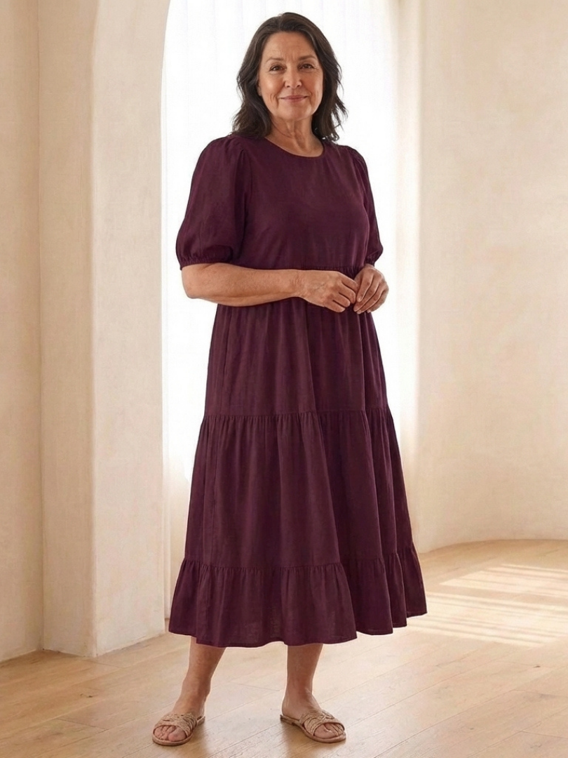 Gretalyn | Round Neck Puff Sleeve Tiered Midi Dress