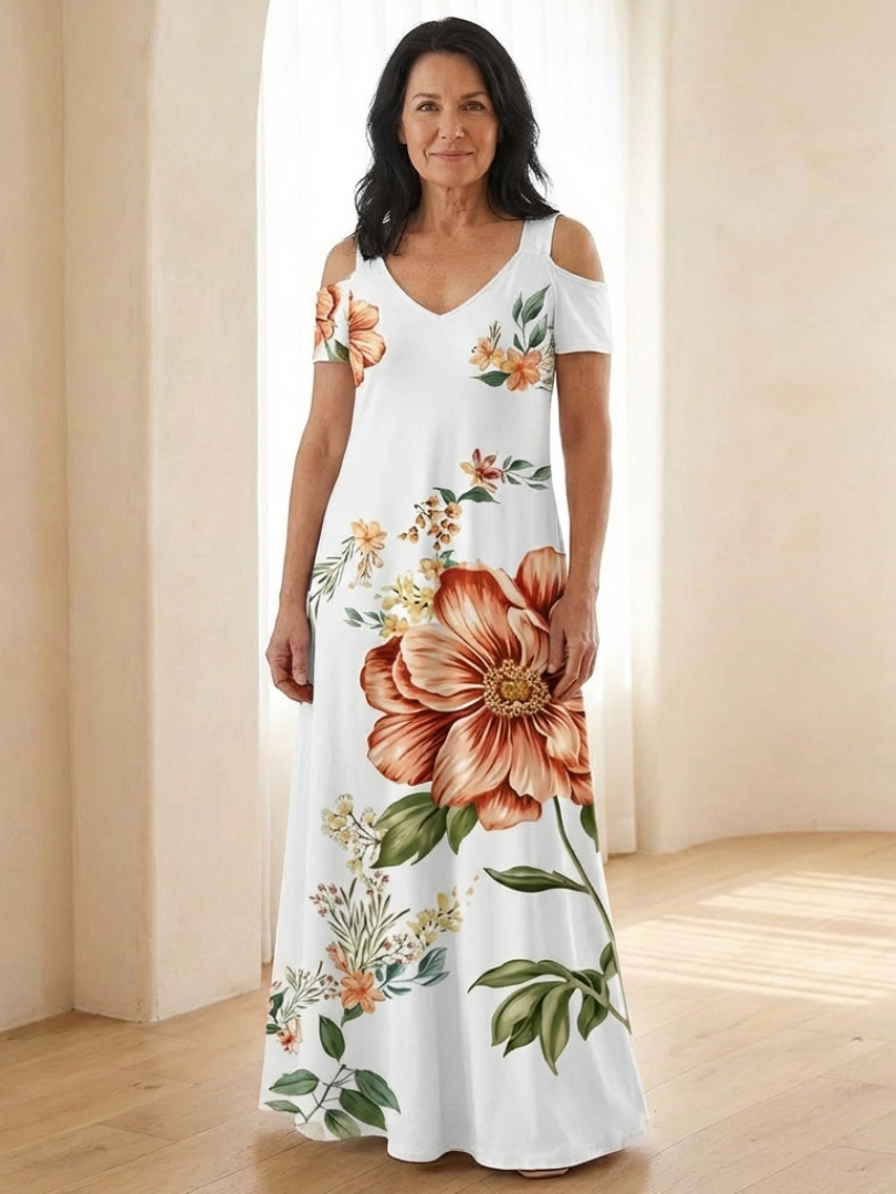 Norana | Floral V Neck Short Sleeve Maxi Dress
