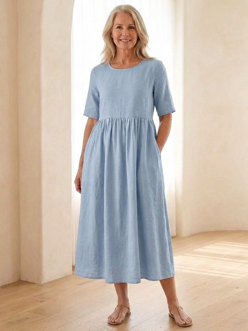 Belrin | Round Neck Short Sleeve Gathered Midi Dress