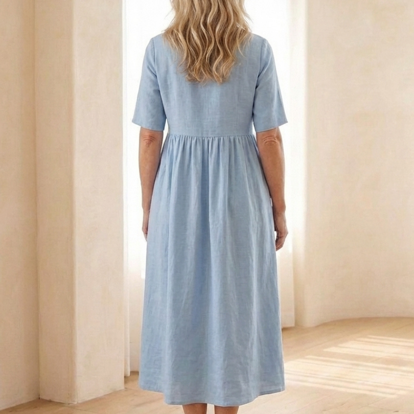 Belrin | Round Neck Short Sleeve Gathered Midi Dress