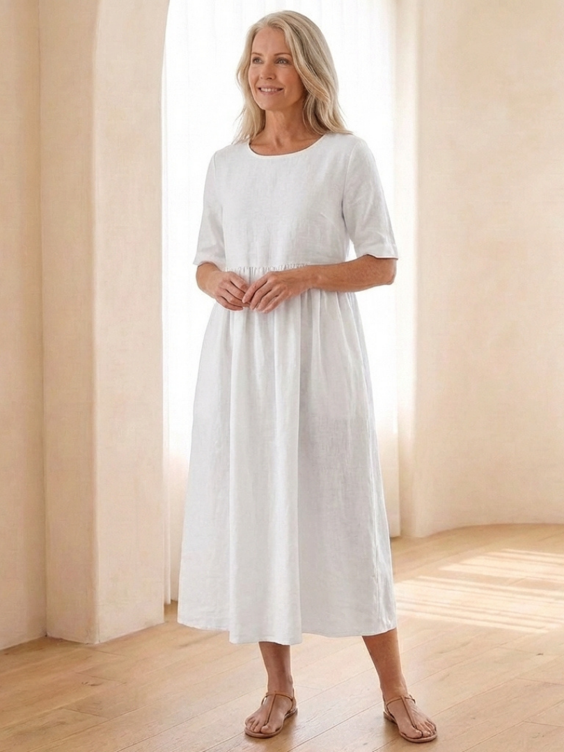 Belrin | Round Neck Short Sleeve Gathered Midi Dress
