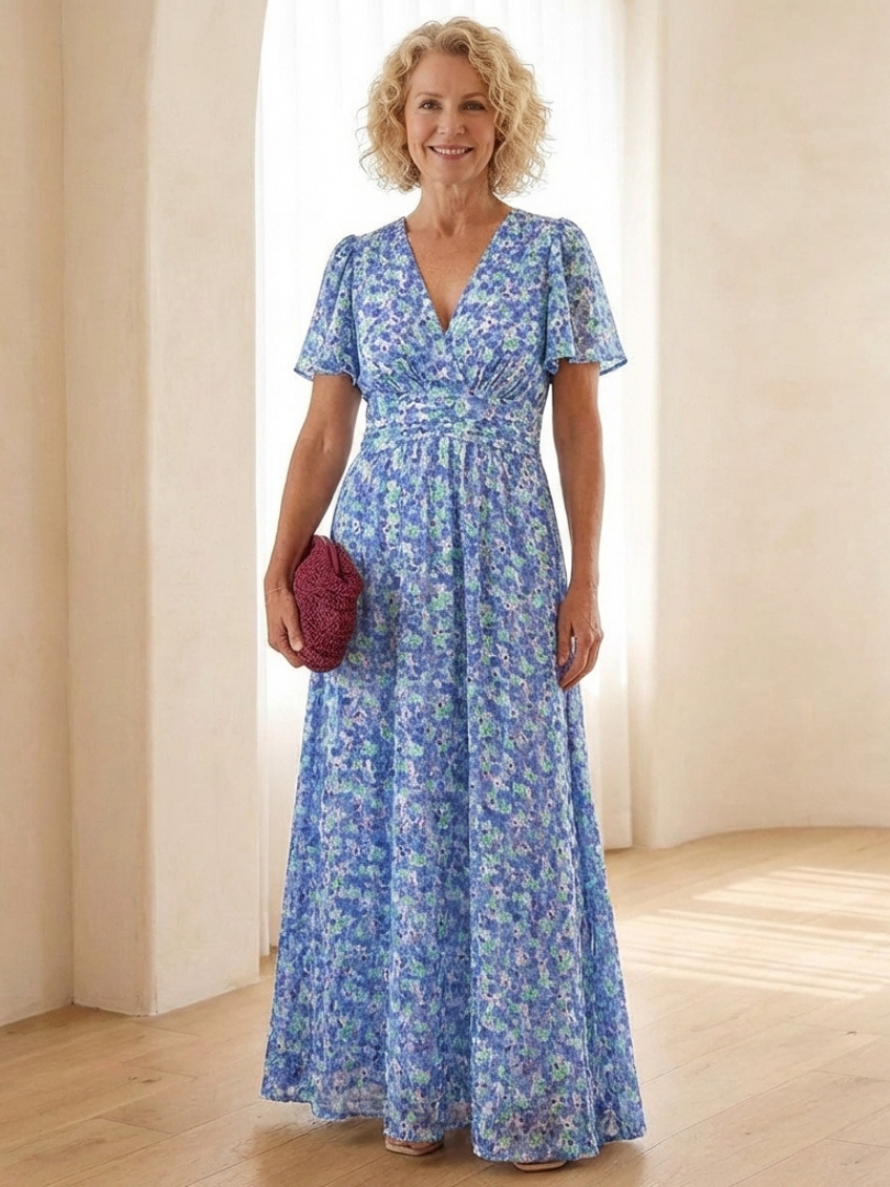 Fleurla | Floral V Neck Short Sleeve Maxi Dress