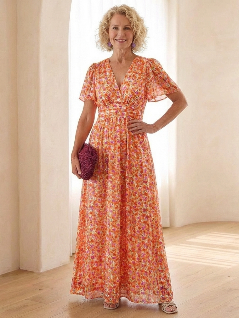 Fleurla | Floral V Neck Short Sleeve Maxi Dress