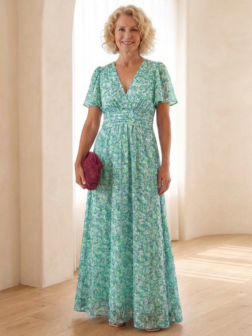 Fleurla | Floral V Neck Short Sleeve Maxi Dress