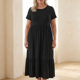 Isalette | Round Neck Short Sleeve Tiered Midi Dress
