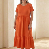 Isalette | Round Neck Short Sleeve Tiered Midi Dress
