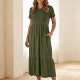 Isalette | Round Neck Short Sleeve Tiered Midi Dress