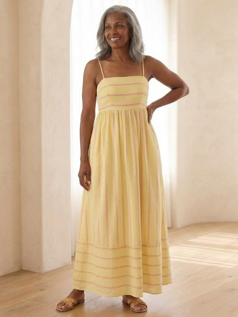 Kalbeth | Spaghetti Strap Striped Maxi Dress Gathered Waist