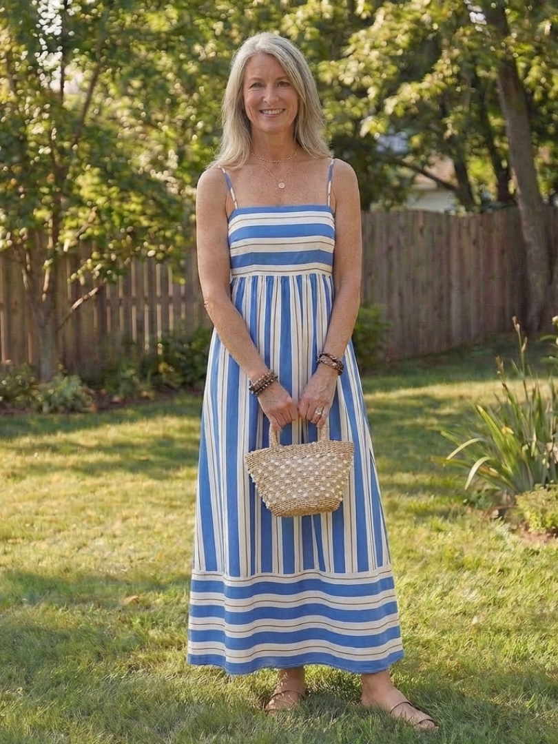 Kalbeth | Spaghetti Strap Striped Maxi Dress Gathered Waist