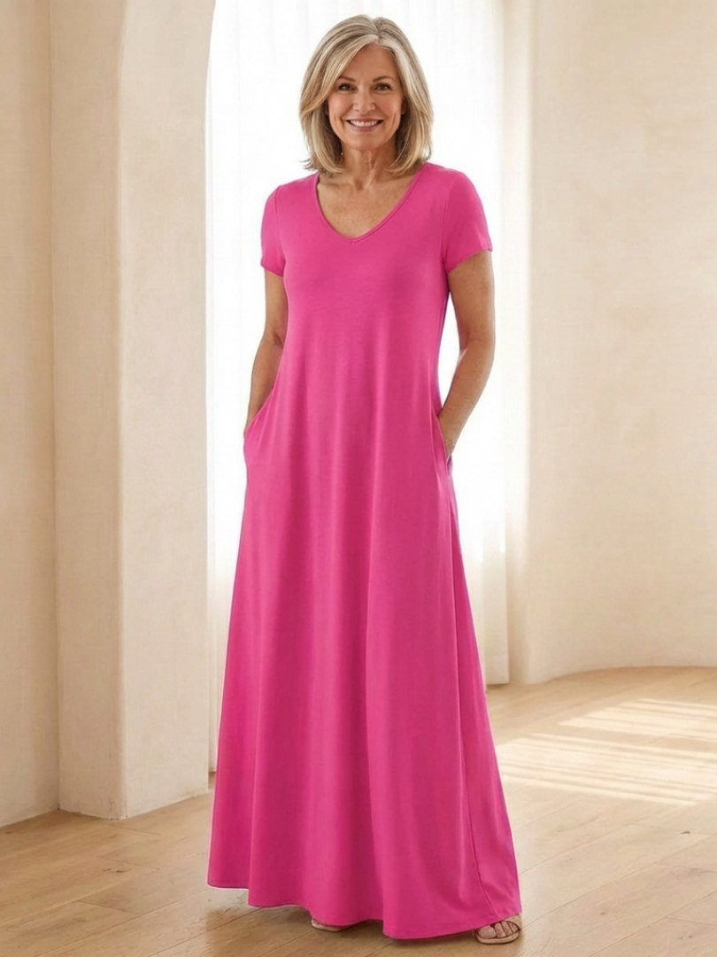 Vesina | V Neck Short Sleeve Pocket Maxi Dress