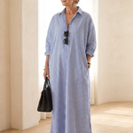 Vessette | Striped Long Sleeve Collar Maxi Shirt Dress