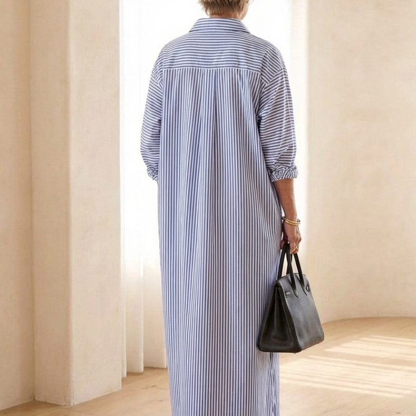 Vessette | Striped Long Sleeve Collar Maxi Shirt Dress