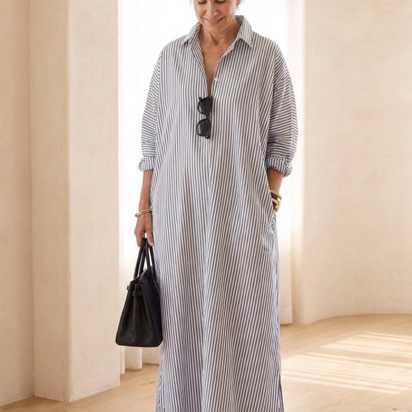 Vessette | Striped Long Sleeve Collar Maxi Shirt Dress