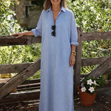 Vessette | Striped Long Sleeve Collar Maxi Shirt Dress