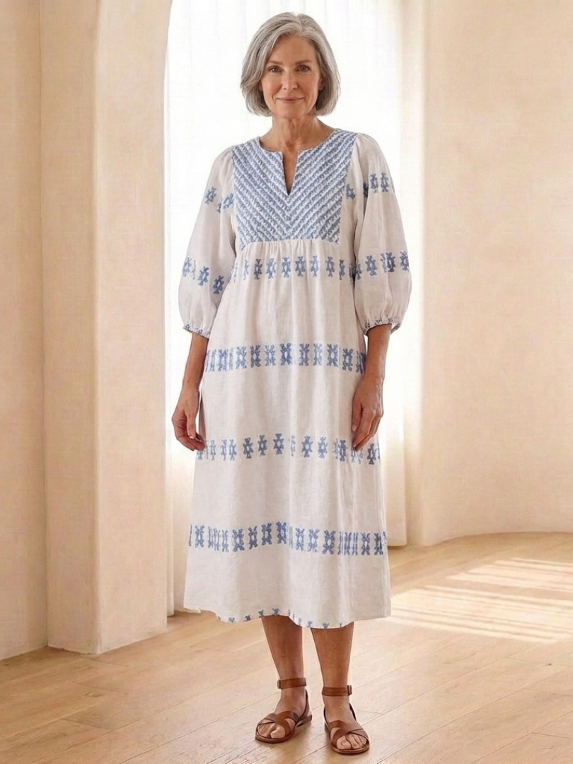 Verine | Embroidered V Neck Long Sleeve Midi Dress