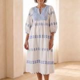 Verine | Embroidered V Neck Long Sleeve Midi Dress