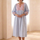 Verine | Embroidered V Neck Long Sleeve Midi Dress