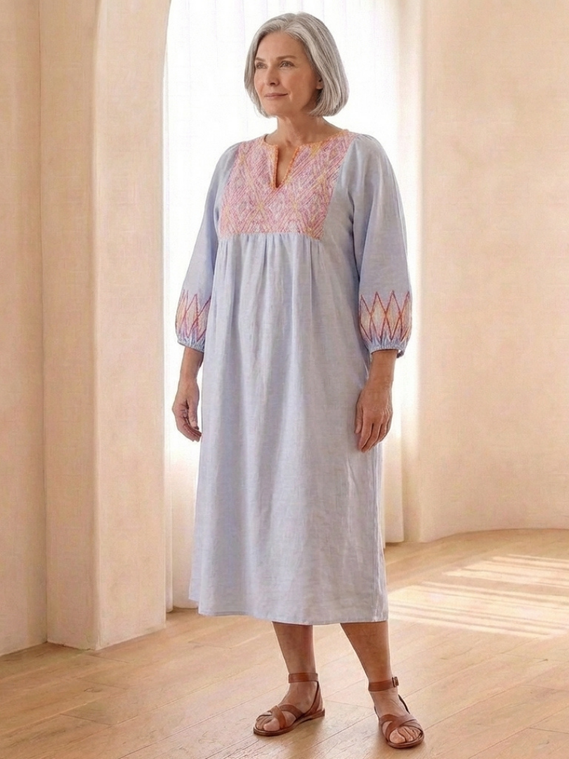 Verine | Embroidered V Neck Long Sleeve Midi Dress
