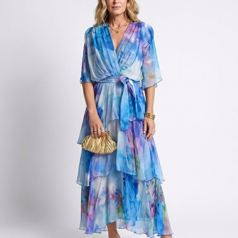 Corina | Sheer Layered V Neck Tie Waist Maxi Dress