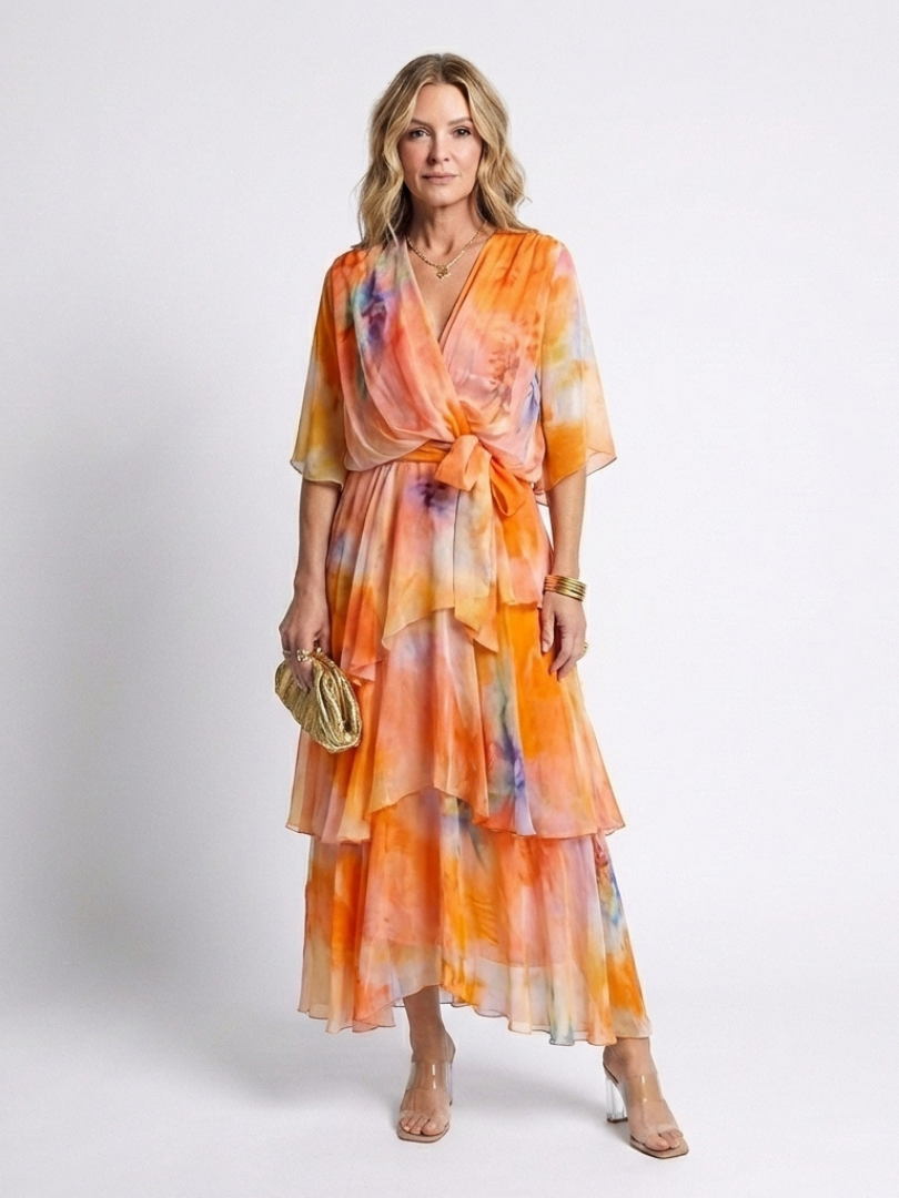 Corina | Sheer Layered V Neck Tie Waist Maxi Dress