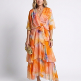 Corina | Sheer Layered V Neck Tie Waist Maxi Dress