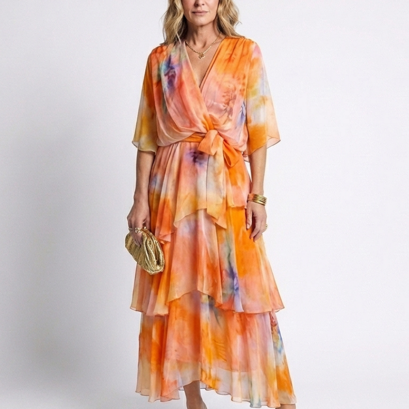 Corina | Sheer Layered V Neck Tie Waist Maxi Dress