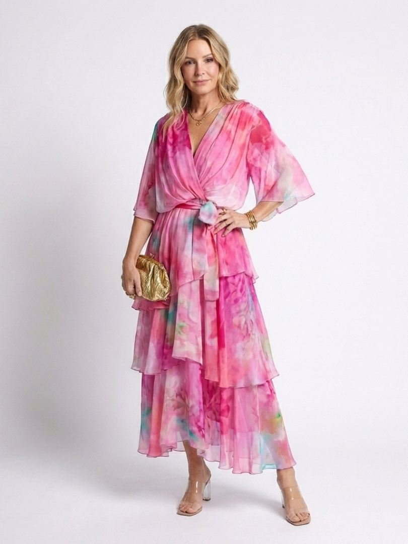 Corina | Sheer Layered V Neck Tie Waist Maxi Dress
