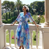 Corina | Sheer Layered V Neck Tie Waist Maxi Dress