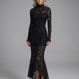 Fressa | Long Sleeve High Neck Lace Midi Dress