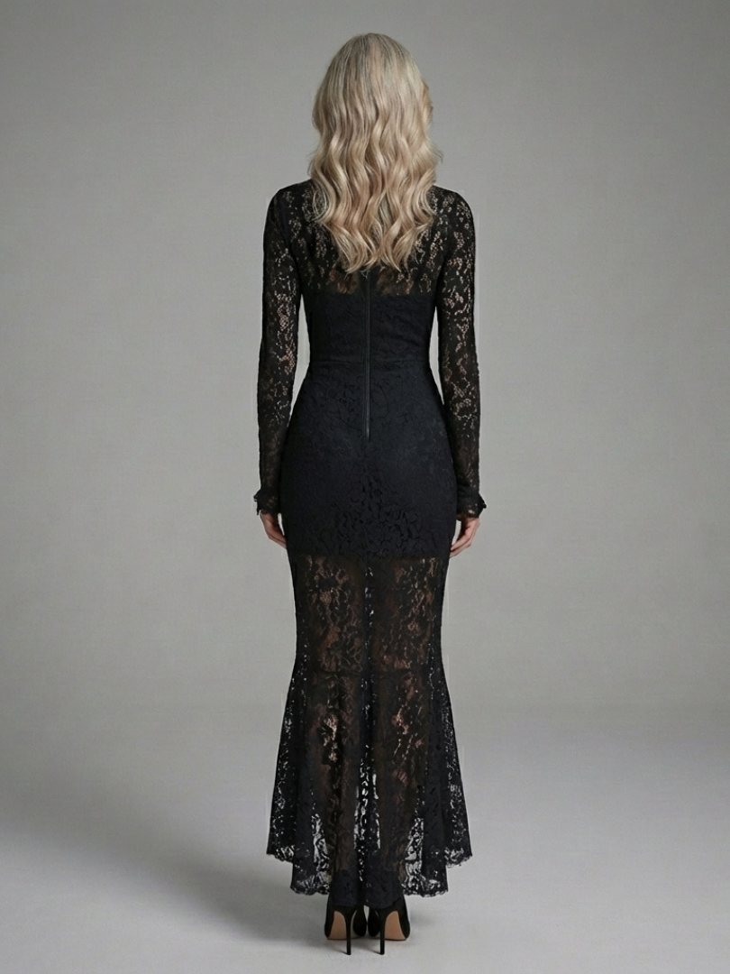 Fressa | Long Sleeve High Neck Lace Midi Dress