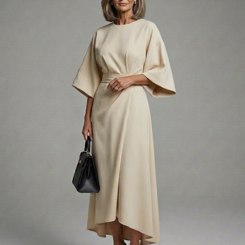 Bella | Waist Defined Cape Sleeve Asymmetric Midi Dress